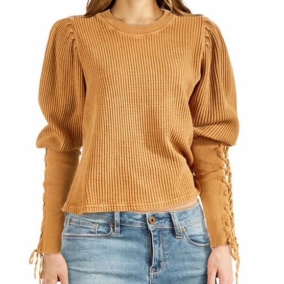 Free People One Tasha Thermal Waffle Knit Lace Up Puff Sleeve Top Dark Yellow XS - Picture 3 of 15